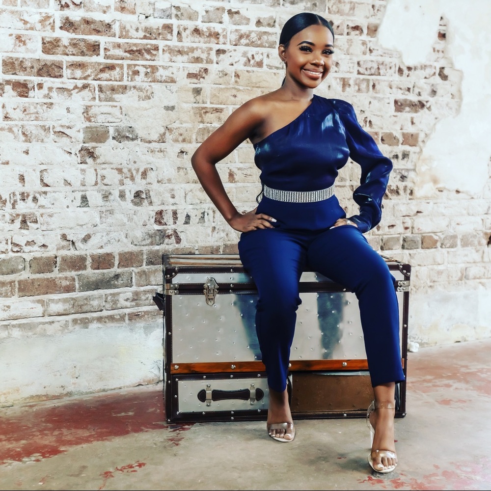 Blue Organza One-Shoulder Jumpsuit